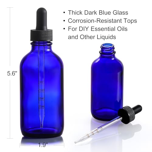 4 Pack 4oz Glass Dropper Bottles with Measured Dropper - 120ml Dark Blue Tincture Bottles with Calibrated Glass Eye Droppers (1ml), Leakproof Essential Oils Bottles for Health, Personal Care & Beauty - color: Blue