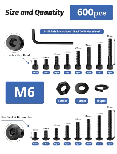 600PCS M6 Screws Assortment Kit, 12.9 & 10.9 Grade Alloy Steel Socket Head Cap & Button Head Screws with Hex Nuts, Flat & Spring Lock Washers, Metric Bolt Set S4 & S5 Hex Key Included, Black Oxide - size: M6 600pcs