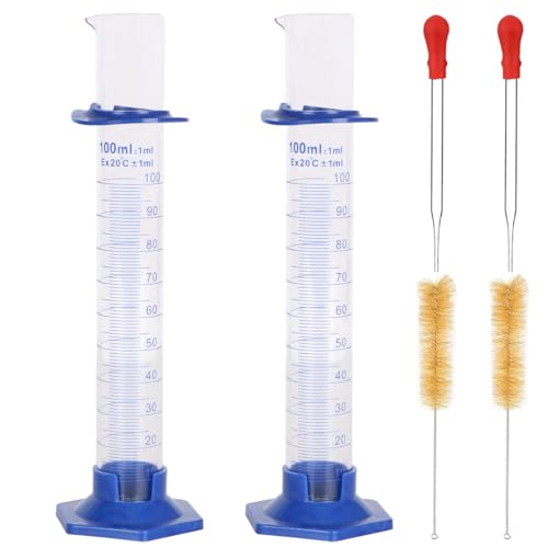 2Pcs 100ml Graduated Cylinder, Thick Glass Measuring Cylinder, with Anti-Falling Plastic Base and Bumper Guards, for Science Laboratory Measuring Liquid, Bring 2 Brushes and droppers - size: 100ml