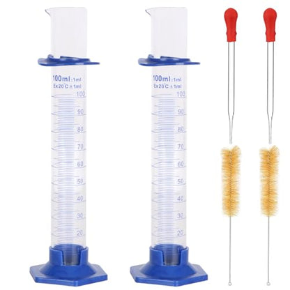 2Pcs 100ml Graduated Cylinder, Thick Glass Measuring Cylinder, with Anti-Falling Plastic Base and Bumper Guards, for Science Laboratory Measuring Liquid, Bring 2 Brushes and droppers - size: 100ml