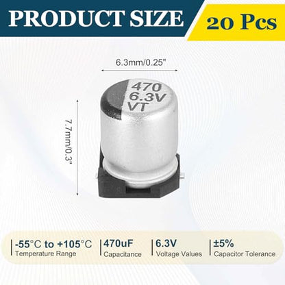 MECCANIXITY 470uF 6.3V Aluminum Electrolytic Capacitors, 6.3x7.7mm, 20pcs - size: 6.3x7.7mm, style: 470uF 6.3V