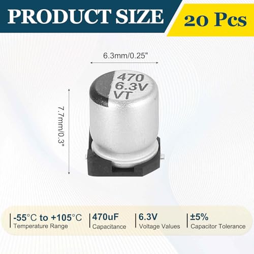 MECCANIXITY 470uF 6.3V Aluminum Electrolytic Capacitors, 6.3x7.7mm, 20pcs - size: 6.3x7.7mm, style: 470uF 6.3V