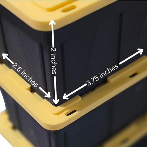 justPrintiful TEENY TOTES, Pack of (4) Mini Stackable Organizing Totes with Lids, Black and Yellow, for Crafts and Small Parts Storage, Easy Snap Fit Lids for Secure Storage