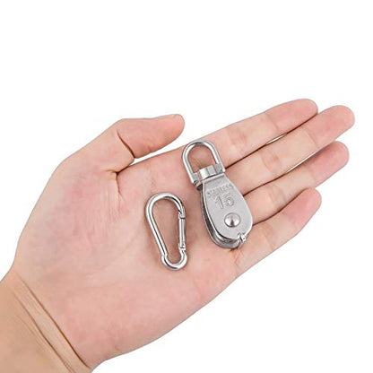 6X 304 Stainless Steel M15 Single Swivel Rope Pulley Blocks with Snap Hooks - size: M15-6pcs