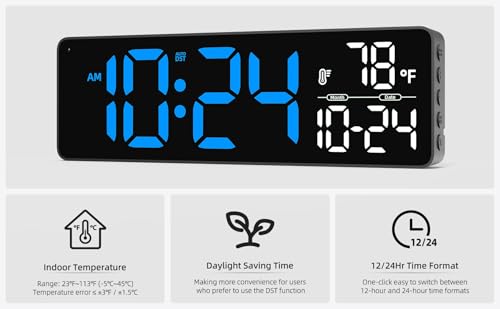 Large LED Digital Wall Clock with Date, Temperature, Auto-Brightness, Auto-DST | Big Digital Clock for Bedroom, Desk, Classroom, Living Room, Kitchen, Office, Gym, Farmhouse, Xmas Gift for Seniors - color: Blue-a