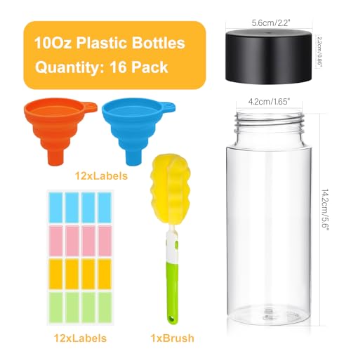 DI QIU REN 16 Pack Clear Plastic Bottles Empty Sensory Bottles with Caps – Reusable Juice Bottles Drink Containers Leakproof Water Bottle for Juice Milk (Black Lids, 10 oz / 300 ml) - size: 16 Pack 10 oz/ 300 ml