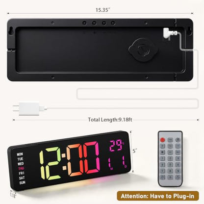 16" Large Digital Wall Clock with RGB LED Display & Remote for Classroom - color: Multicolor