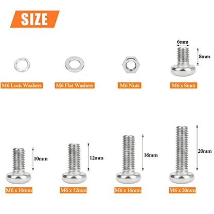 HELIFOUNER 140 Pieces M6 x 8mm /10mm /12mm /16mm /20mm, Phillips Pan Head Machine Screws, Metric Screws Bolts Washers Nuts Kit, 304 Stainless Steel - size: M6