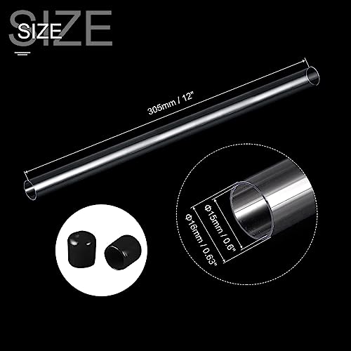 PATIKIL Clear Rigid Tube Round Plastic Tubing with Black Rubber Caps Polycarbonate Water Pipe, 305mm/ 12 Inch Length, 15mmx16mm/0.6"x0.63", 2 Set - color: Black,Clear, size: 0.6"x0.63"