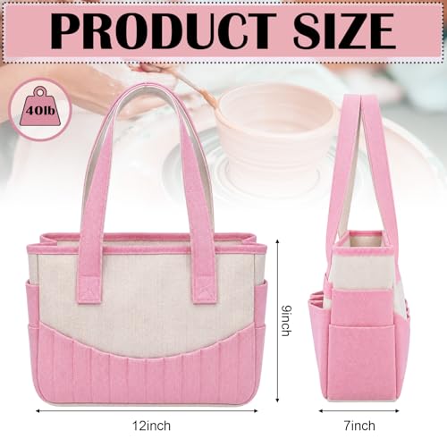 SilTriangle 14oz Pottery Tool Bag with Multiple Pockets Pink Canvas Art Supply Organizer Tote Bag for Storing Clay Sculpting Ceramic Tools Washable Canvas Craft Tote for Yarn and Crochet Supplies