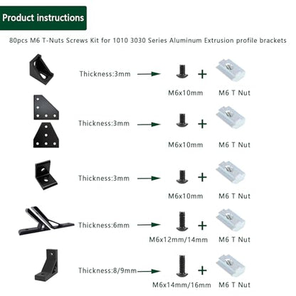 80 pcs M6 T Nut Screws Kit for 1010 1020 Aluminum Extrusion, 40 pcs Black M6x10/12/14/16mm Hexagon Socket Screws and 40 pcs M5 Sliding T-Nuts with 1 pcs M6 Hex Wrench - style: 80pcs 10 Series Screws Kit Black