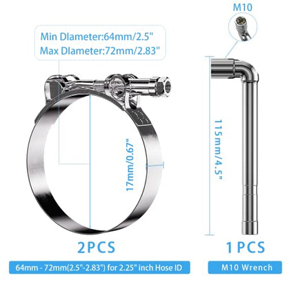 2 Pack 2.25 Inch T Bolt Hose Clamps 64-72mm, Heavy Duty Stainless Steel Turbo Intercooler Clamps for Diesel Truck Intake Marine Radiator - size: 64-72mm(2.5"-2.83") 2Pcs