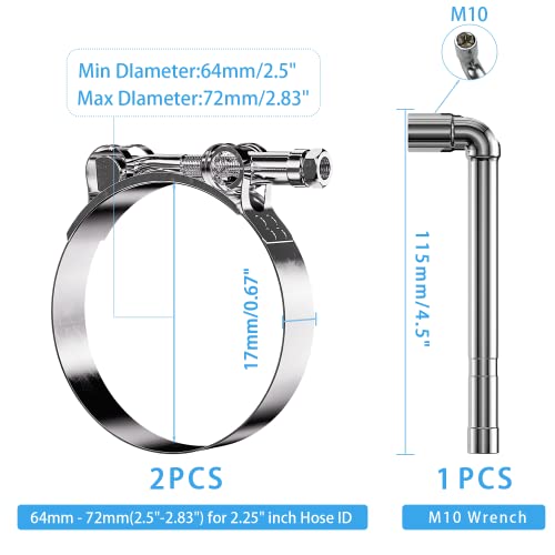 2 Pack 2.25 Inch T Bolt Hose Clamps 64-72mm, Heavy Duty Stainless Steel Turbo Intercooler Clamps for Diesel Truck Intake Marine Radiator - size: 64-72mm(2.5"-2.83") 2Pcs
