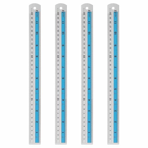 HARFINGTON 4pcs Metal Straight Ruler 30cm Metric SAE Aluminum Alloy Measuring Rulers Scale Tools with Hole for Measure Study Reading Classroom Office, Blue - color: Blue, size: 30cm