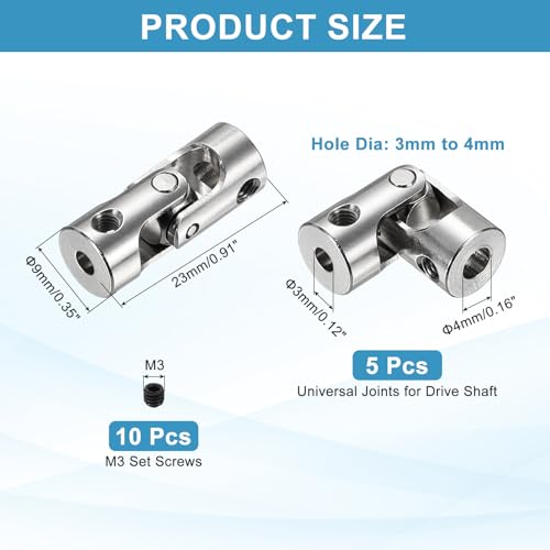 MECCANIXITY 5pcs Universal Joint Shaft Coupling, 3mm to 4mm Inner Dia Rotatable Steering Shaft U Joints Coupler with Screws for RC Car, Robot, Boat Drive Ship Motor Use - size: 3mm to 4mm