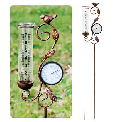 36in Bird Rain Gauge Thermometer Bronze Metal Garden Stake Decor - color: Bronze Bird