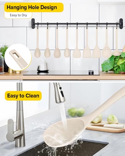 BUNDLEPRO Silicone Cooking Utensils Set, 9 Pcs Kitchen Utensils, One-Piece - color: Khaki