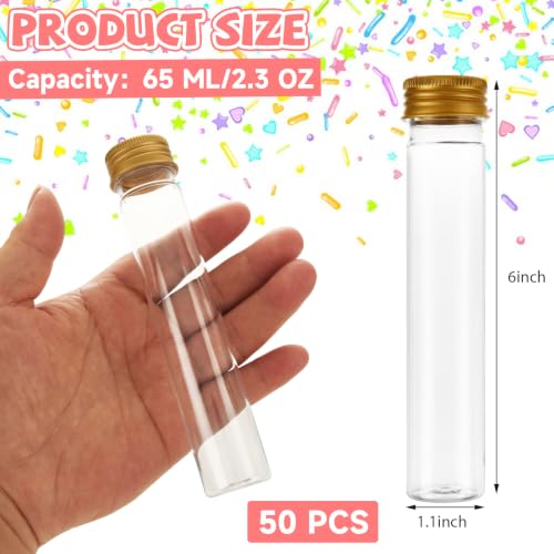 WOPPLXY 50 Pcs 65 ML Clear Plastic Test Tubes with Caps, Plastic Candy Tubes with Screw Caps, Clear Bath Salt Tubes, Gumball Tube for Candy Bath Salts Spices Beads and Party Christmas Home Décor