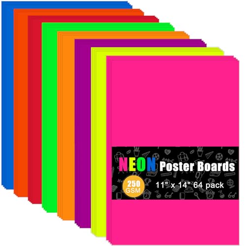 Poster Board 11 x 14 Inches, 64 Sheets Neon Paper 8 Color Fluorescent Paper Bright Cardstock 250 GSM/90 lb for Craft Project Presentation Drawing Graphic Display - color: Neon