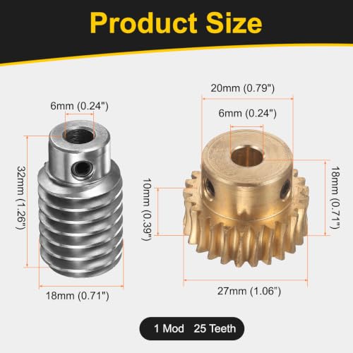 uxcell Worm Gear Set 25T 1 Module 25:1 Reduction Rate, 6mm/6mm Bore - size: 6mm/6mm Bore (1Mod 25T)