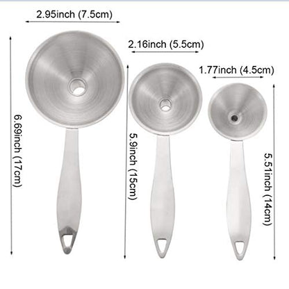 Small Funnels for Filling Bottles, 3 Pcs Stainless Steel Kitchen Funnel Set, Food Grade Mini Metal Funnel for Transferring Essential Oils, Liquid, Fluid, Dry Ingredients & Powder, Durable and Dishwash - size: 3 Pack (2.95" + 2.16" + 1.77")