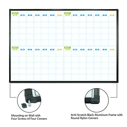 Lockways 36" x 24" Magnetic Dry Erase Calendar Whiteboard, 4 Month Framed White Board Planner, Wall Mounted Message Presentation Memo Calendar Board - color: Silver, size: 36 x 24-4M