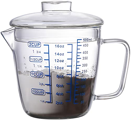 Glass Measuring Cup with Lid, Graduated Beaker Mug with Handle, Light-weight Borosilicate Glass V-Shaped Spout Microwave Safe Scales Cup for Cooking Baking (2cup/16oz/500ml) - size: 16 fl oz