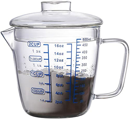 Glass Measuring Cup with Lid, Graduated Beaker Mug with Handle, Light-weight Borosilicate Glass V-Shaped Spout Microwave Safe Scales Cup for Cooking Baking (2cup/16oz/500ml) - size: 16 fl oz