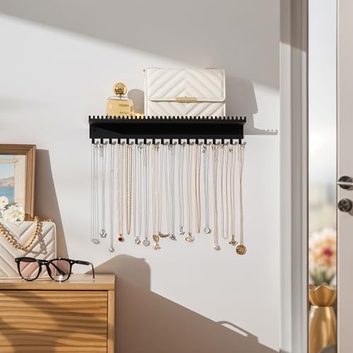 Necklace Holder Wall Hanging Organizer: Wall Mounted Jewelry Shelf with 56 Hooks and Tray, Display Hanger for Kids, Girls and Women, Black & Metal - color: black