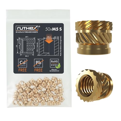 ruthex M5 Threaded Inserts Short - 50 Pieces RX-M5Sx5.8 Brass Heat Set Insert for Plastic Parts - Metric knurled Nuts - Insert by Heat into 3D Printing Components - color: Metric Threaded Insert, size: M5Sx5.8 SHORT (50pcs)