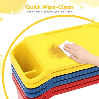 6 Pack Kids Lap Desk, Portable Activity Tray with Side Storage, Stackable Plastic Breakfast Laptop Trays for Home, Classroom, Daycare (Red+Blue+Yellow)