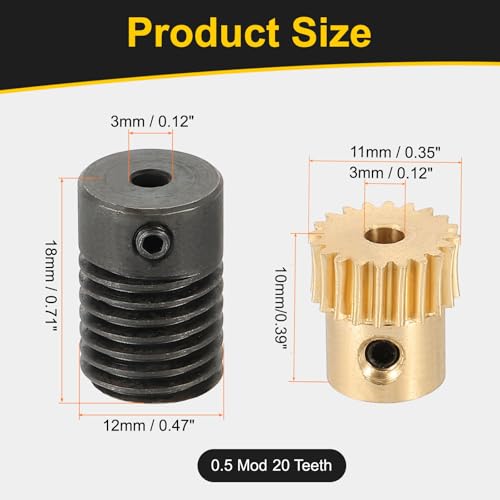 uxcell Worm Gear Set 20T 0.5 Module 20:1 Reduction Rate, Right Rotation Drive Gear Box Wheel Reduce Transmission Part (Brass Gear-3mm Bore, #45 Steel Rod 3mm Bore) - size: Gear-3mm, Rod-3mm Bore, style: 0.5M-20T