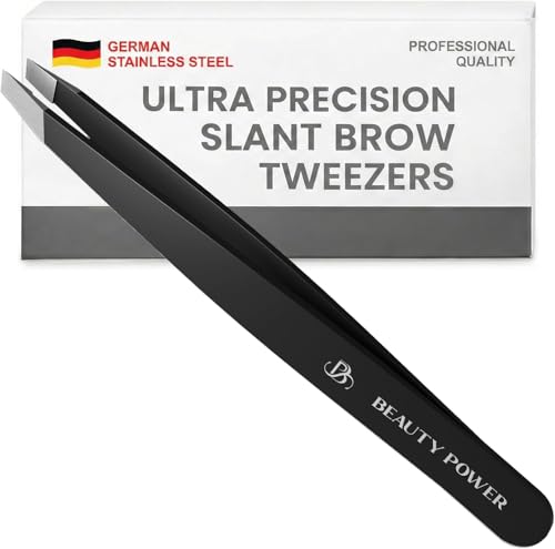 Beauty Power Tweezers for Women Facial Hair: Ultra Precision Tweezers for Women & Men, Sharp Slant Tweezer for Eyebrows, Ingrown Hair Removal. Professional Plucker, German Stainless Steel (Black) - color: Black