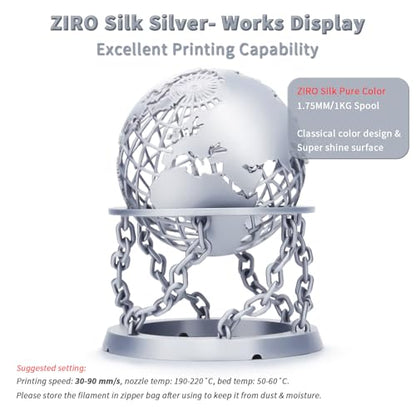 ZIRO PLA Filament 1.75mm, Shine Silk 3D Printing Material, 1KG Silver - color: Silky-silver