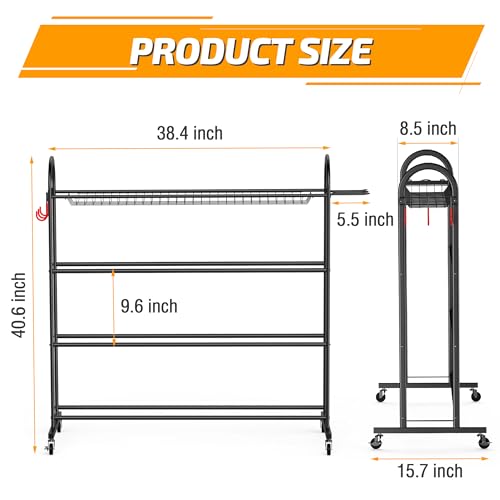 PLKOW Rolling Ball Storage Rack with Bat Holder and Hooks, Black