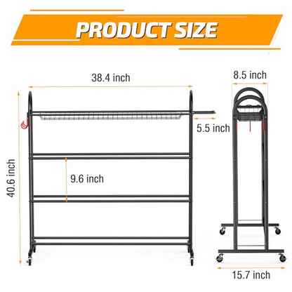 PLKOW Rolling Ball Storage Rack with Bat Holder and Hooks, Black