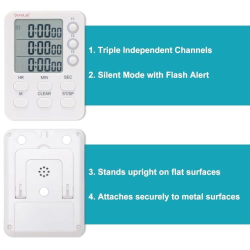 stonylab 3 Channel Digital Timer, Triple Independent Count Up and Count Down Timing with Silent Operation Function, for Laboratory Experiments