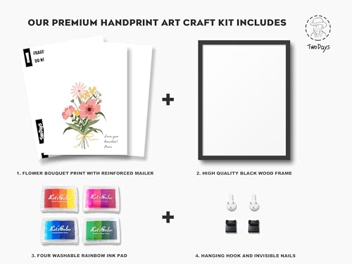 TwoDays Flower Bouquet Handprint Art Craft DIY Kit, Unique Gifts for Mom from Daughter or Son for Mother's Day Birthday Christmas, Gift for Grandma. (Floral-1, Black) - color: Black