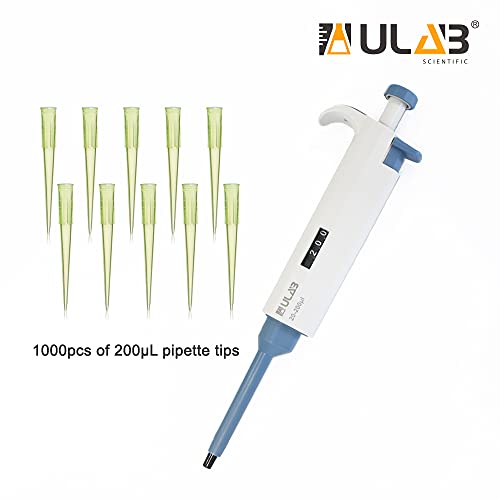 ULAB Single Channel Pipettor with Pipette Tips Offered, 1pc of Adjustable Volume Micro Pipette with Vol.Range.20-200μl, 1000pcs of Vol.200μl Pipette Tips in Yellow Color, ULH1020 - style: 20-200μl & 1000 Tips