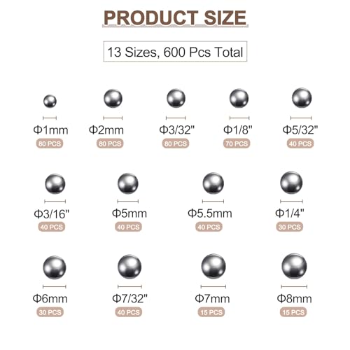 uxcell 600pcs Precision Ball Assortment Kit 1mm 2mm 5mm 5.5mm 6mm 7mm 8mm