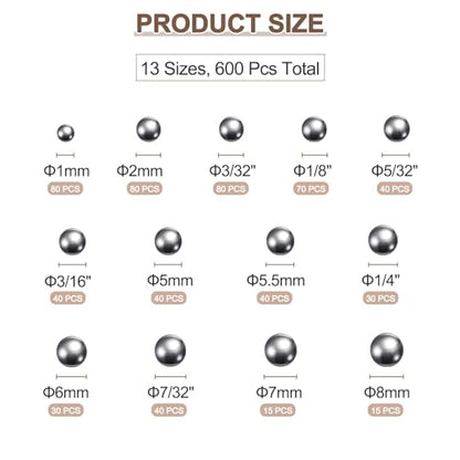 uxcell 600pcs Precision Ball Assortment Kit 1mm 2mm 5mm 5.5mm 6mm 7mm 8mm