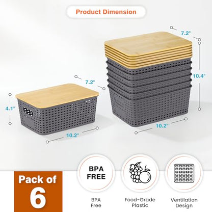Ohmlove 6 Pack Plastic Storage Baskets with Bamboo Lids for Organization - color: Gray