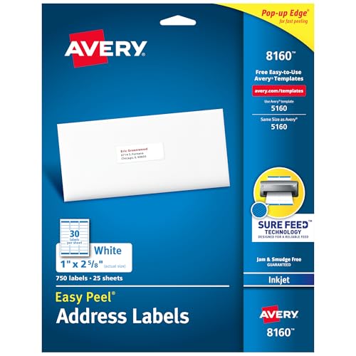 Avery Easy Peel Address Labels, Inkjet Printers, White, 1" x 2-5/8", Box of 750 Labels (08160) - size: 1" x 2-5/8" (Pack of 1), style: 750 labels