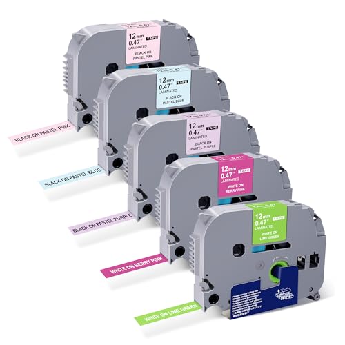 TITBIT 5Pack PTD210 PTD220 Label Maker Tape Compatible with Brother P Touch - color: White on Lime Green/Berry Pink,black on Pastel Purple/Blue/Pink