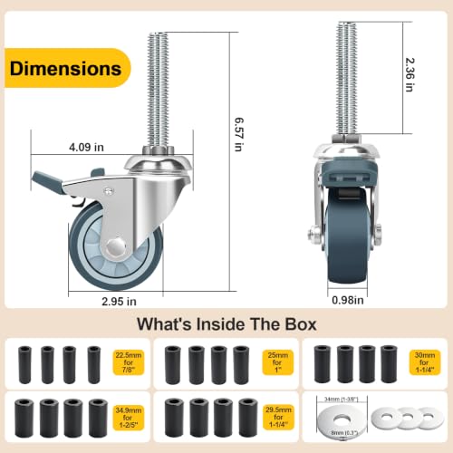 3 Inch Expanding Stem Caster Wheels with Locking Brake Set of 4 - size: 3Inch