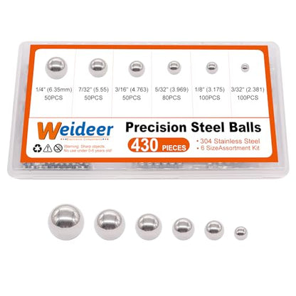 weideer 430pcs Stainless Steel Precision Steel Balls Bicycle Bearing Balls Metal Mixing Balls Assortment Kit 1/4" 7/32" 3/16" 5/32" 1/8" 3/32" K-086-430 - size: SS 6size 430PCS SAE