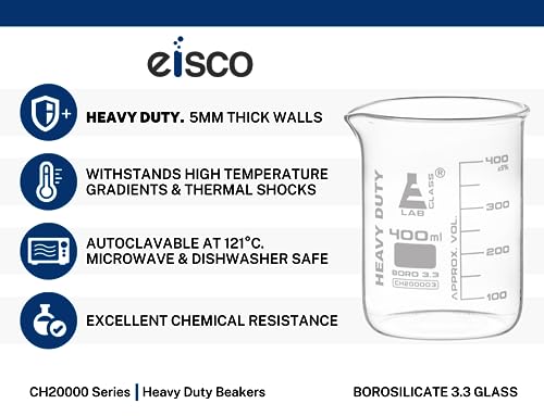 EISCO Heavy Duty Beaker, 400ml - 3.2mm Thick, Uniform Walls - Superior Durability & Chemical Resistance - White Graduations - Borosilicate 3.3 Glass