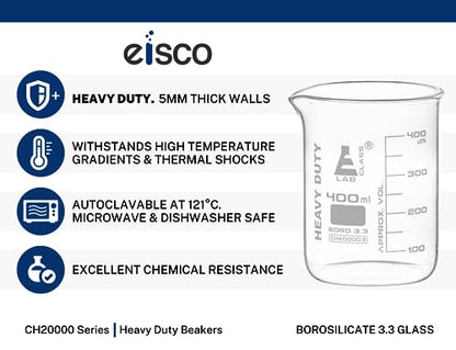EISCO Heavy Duty Beaker, 400ml - 3.2mm Thick, Uniform Walls - Superior Durability & Chemical Resistance - White Graduations - Borosilicate 3.3 Glass