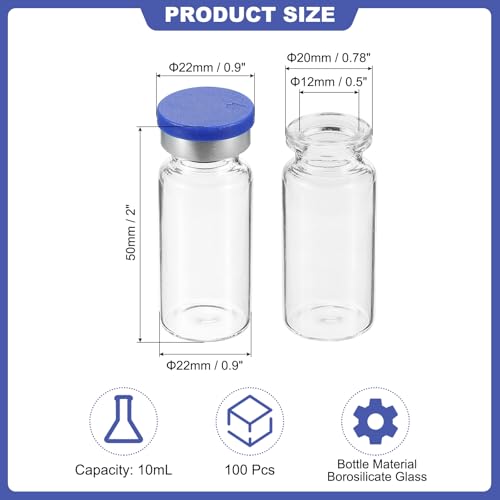 PATIKIL 10ml Sample Vials, 100 Pack Lab Empty Vials with Butyl Rubber Stopper Crimp Top Caps and Labels Borosilicate Glass Vial, Clear - color: Clear, size: 10ml