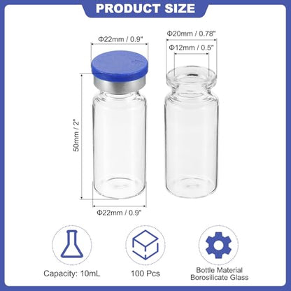 PATIKIL 10ml Sample Vials, 100 Pack Lab Empty Vials with Butyl Rubber Stopper Crimp Top Caps and Labels Borosilicate Glass Vial, Clear - color: Clear, size: 10ml
